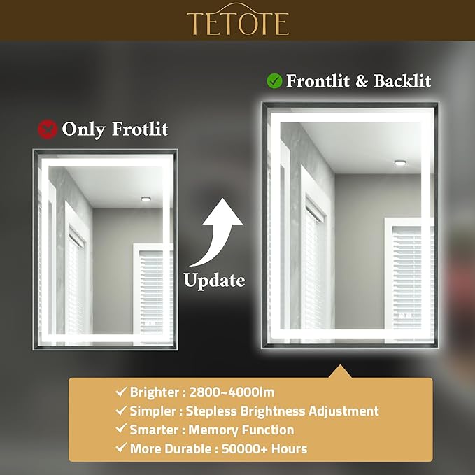 TETOTE 40 x 32 Bathroom LED Mirror Brushed Gunmetal Gray Frame Frontlit & Backlit Vanity Mirror Anti-Fog Stepless Dimmable 3 Colors White/Warm/Natural Wall-Mounted