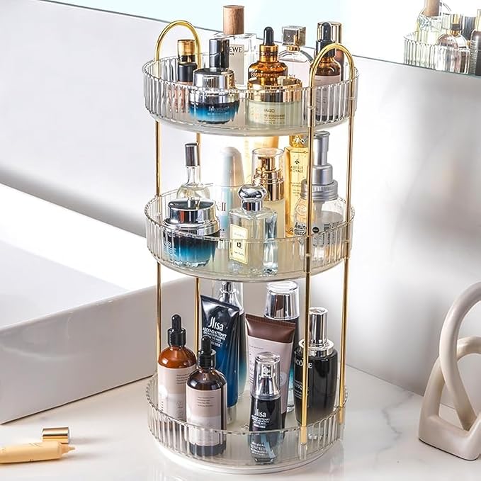 Rotating Makeup Organizer Countertop 3 Tier Lazy Susan Trays Clear Skincare Perfume Storage for Bathroom Counter Vanity, Transparent