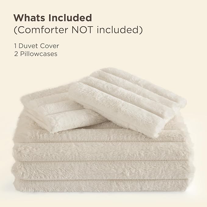 Bedsure Faux Fur Duvet Cover King Size - Beige Fluffy Duvet Cover Set, Soft and Cozy Shaggy Bedding Comforter Cover, Winter Warm Luxury Fuzzy Bed Set 3 Pieces, 1 King Duvet Cover and 2 Pillowcases