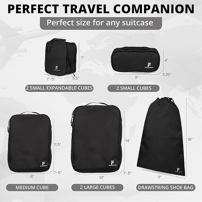 8 Piece Compression Packing Cubes Set - Double Capacity Design for Travel - Small, Medium & Large Sizes - Carry-On Suitcase Organizer Bags (Black)