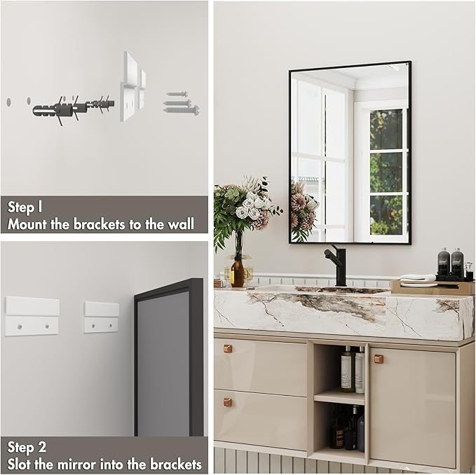 Matte Black Framed Bathroom Mirror, 60x28 Inch Rectangular Vanity Mirror, Large Rectangle Wall Mirror, Anti-Rust, Tempered Glass, Shatter-Proof, Easy to Install Vertically or Horizontally