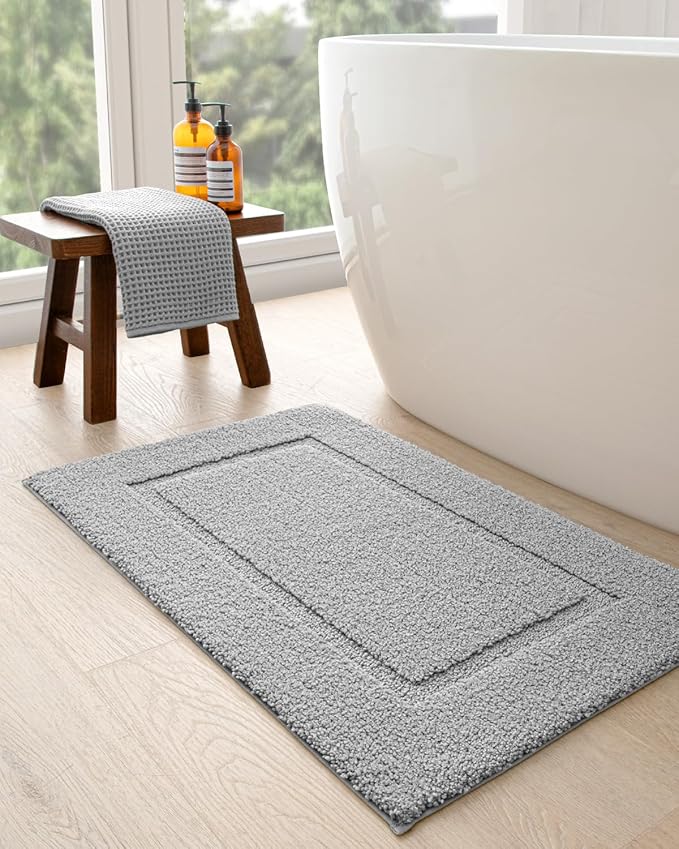 DEXI Bathroom Rugs 43x24, Washable Non Slip Bath Mat for Shower Floor, Absorbent Quick Dry Bathmat with Rubber Backing, Ultra Soft Plush Carpet for Tub, Light Grey