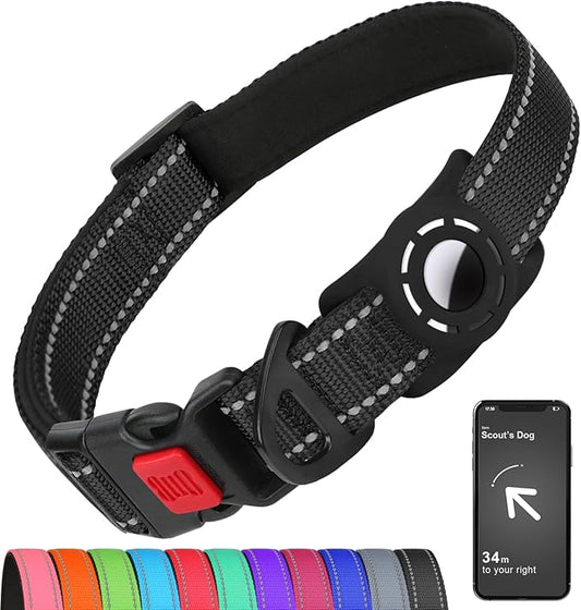 Airtag Dog Collar with AirTag Holder for Puppy Small Dogs, Reflective, Soft Padded & Safety Locking Buckle, Nylon Pet Collars Adjustable for All Breeds, Black,XS
