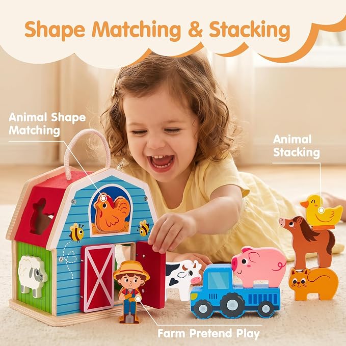 hahaland Wooden Montessori Toys Farm Animals Barn for Toddlers 1-3 | Shape Sorter Sorting & Stacking Learning Toy for 1 2 3 Year Old Boys Girls, Educational Toy Christmas Birthday Gift