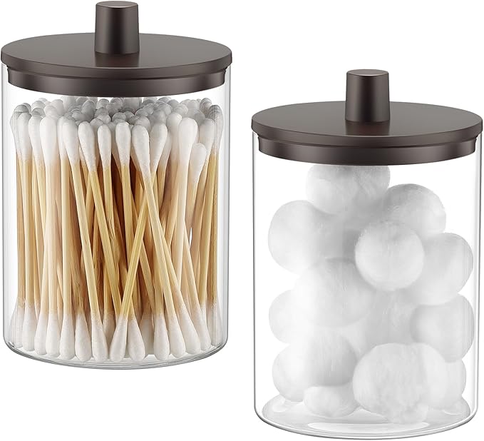 TIPGO Glass Qtip Holder Dispenser for Bathroom - 10 oz Clear Canister Apothecary Jar for Cotton Swabs, Balls, Pads, Floss Picks, Small Containers for Makeup Storage Organizer (2 Pack, Brown)