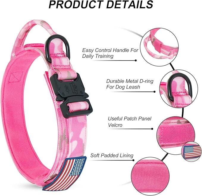 Hotsky Tactical Dog Collar, Adjustable Military Training Nylon Airtag Collar with Handle and Heavy Duty Metal Buckle for Medium Large Dogs, with Airtag Holder and Two Patches（Pink Camo,M）