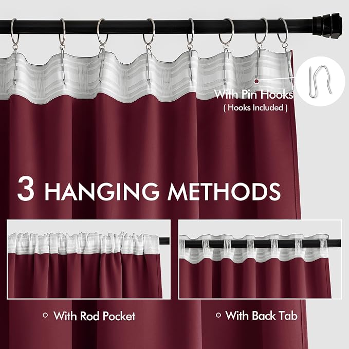 MIULEE Christmas Wine Red Back Tab Blackout Curtains 102 Inch Long 2 Panels Set