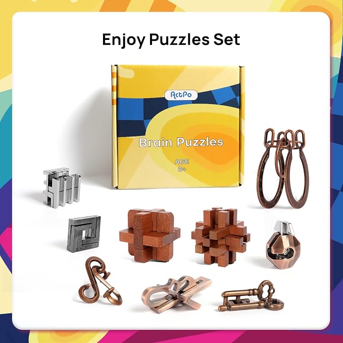 9pcs Puzzles Bulk Gift for Kids, Teens, and Adults Retro Wooden and Metal Unlock Interlock Brain Teaser Toys.