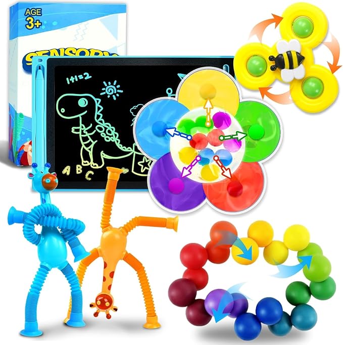 12PC Sensory Travel Toys Pack for Toddler 3 4 5 Year Old Quiet Airplane Travel Activities Essential with Icd Writing Tablet Suction Cup Color Sorting Toy for Kid ADHD Autistic Fidget Gift