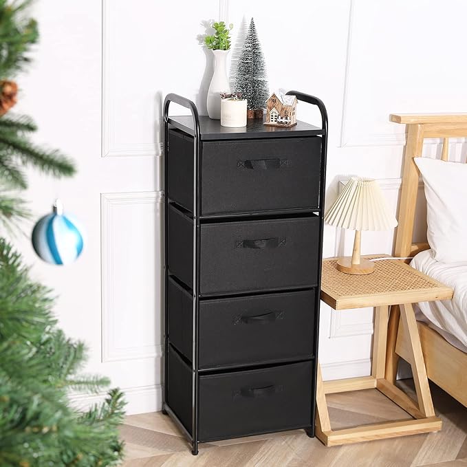 MAX Houser 4 Drawer Fabric Dresser Tall Storage Tower, Dresser Chest with Wood Top, Vertical Nightstand Side Organizer Unit with Metal Frame for Closets Bedroom Nursery Room Hallway(Black)