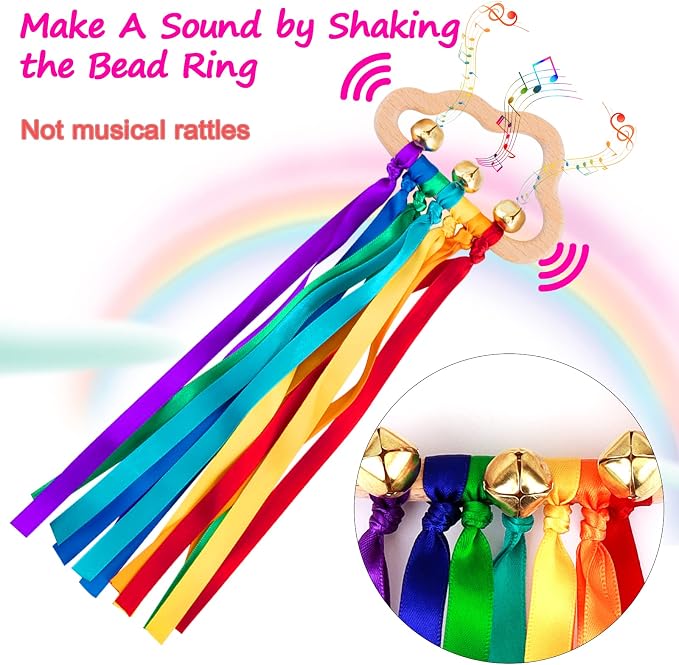 Baby Sensory Wooden Rattle Toys with Rainbow Ribbon - 2PCS | Montessori Wood Rattles Ring Bells Toy with Pull String for Baby 0-12 Months as Newborn Infant Toddler Boy Girl Shower Gifts