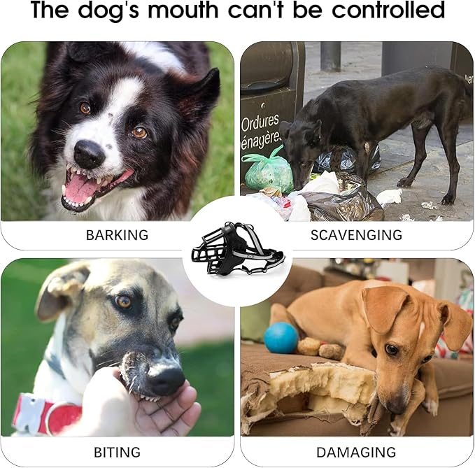 Dog Muzzle, Breathable Basket Muzzles for Small Medium Large Sized Dogs, Adjustable Humane Cage Mouth Cover for Scavenging Grooming Biting Chewing, Allows Panting and Drinking(Soft Rubber, L)