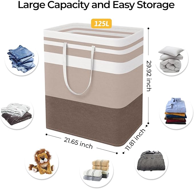 HomeHacks 2-Pack Large Laundry Basket, Waterproof, Freestanding Laundry Hamper, Collapsible Tall Clothes Hamper with Extended Handles for Clothes Toys in the Dorm and Family (Brown, 125L)