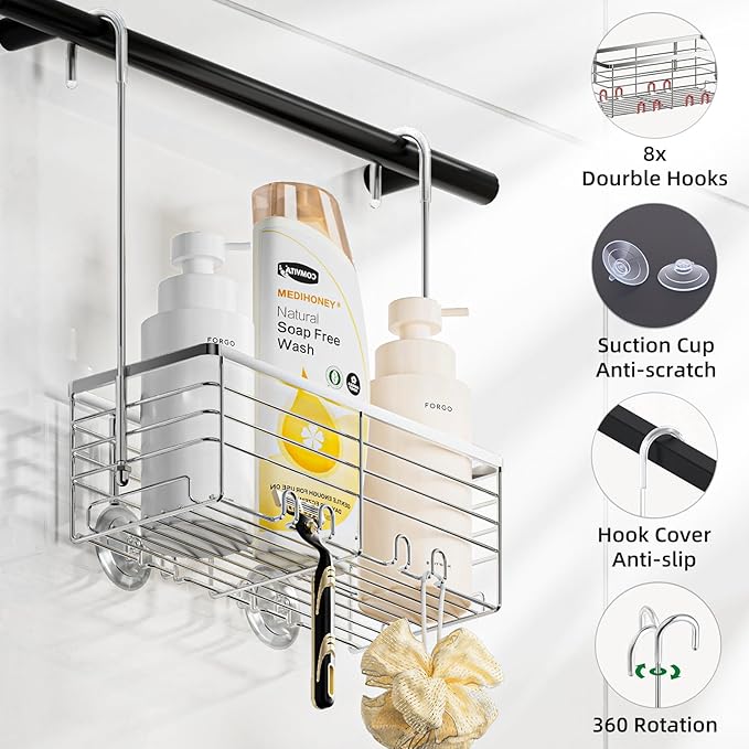 SHANSHUI Shower Hanging Caddy, Bathroom Shower Organizer Basket, Shampoo Bracket, Over Door Showers Rack with Hooks, 304 Stainless Steel Rustproof