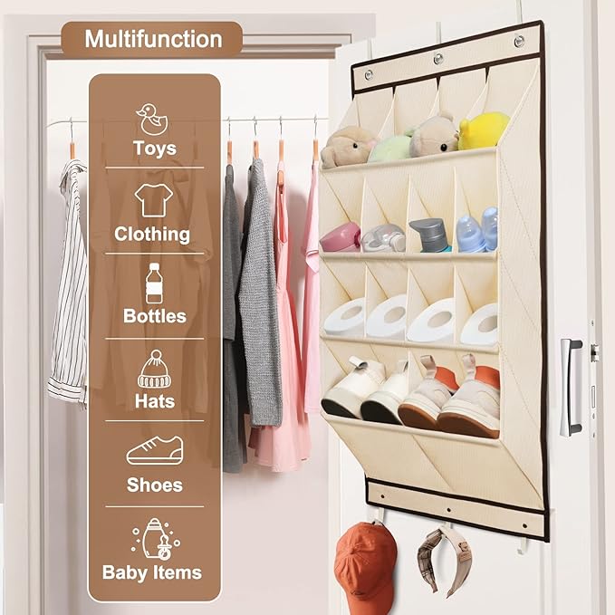 FENTEC 2 Pack Over the Door Shoe Organizer, Hanging Shoe Organizer, 28 Large Deep Pockets Door Shoe Rack with 6 Hooks Shoe Organizer for Shoes, Sneakers, and Home Accessories, Beige