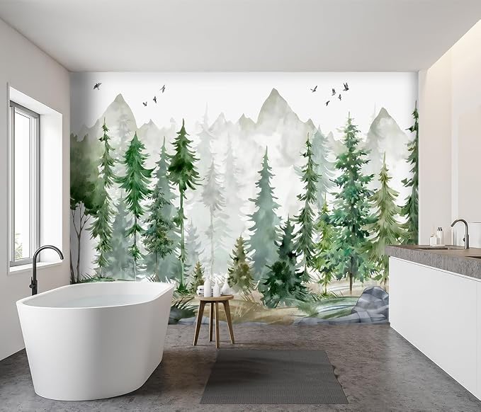 -Green Cartoon Pine Forest Nursery Fabric Wallpaper