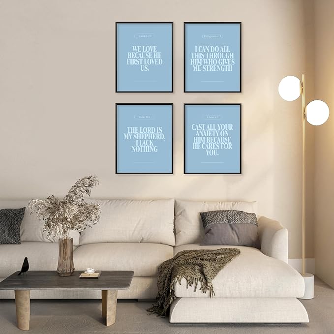 Locomiss Light Blue Christian Wall Art Decor Posters, Modern Bible Verse Prints