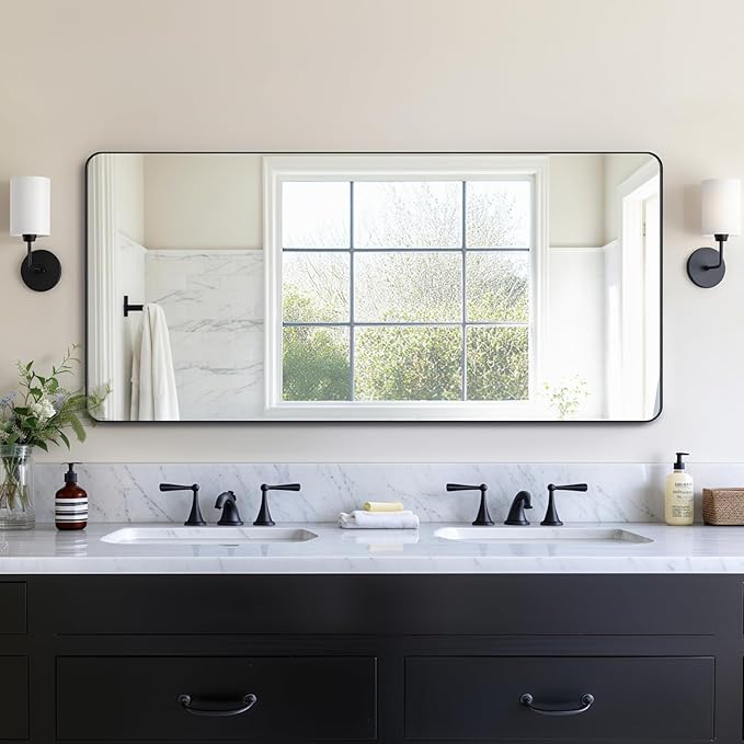 Kosmonia 60x28 Bathroom Vanity Mirror for Wall, Aluminum Framed, Farmhouse Rectangle, Anti-Rust, HD Reflection Anti-Desilvering, Distortion Free, Tempered and Shatter-Proof Wall Mounted Mirror, Black
