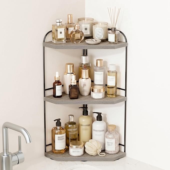 Corner Bathroom Counter Organizer, 3-Tier Wood Countertop Organizer for Perfume, Makeup Storage, Skincare Organizers for Vanity, Counter Corner Shelf for Kitchen, Bathroom, Dresser (Grey)