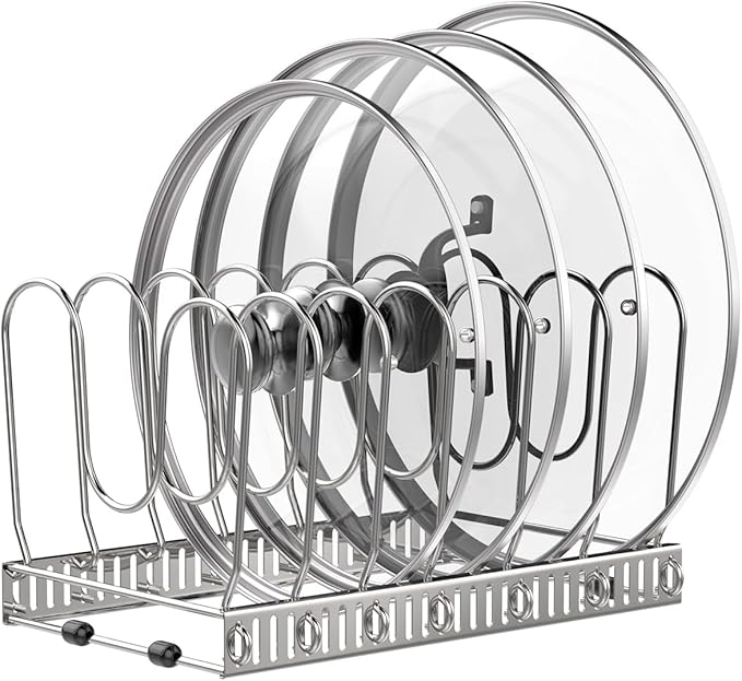 Housolution Pot and Pan Organizer Rack for Cabinet, Pot Lid Organizer with 7 Adjustable Dividers, Pan Holder Storage Rack for Kitchen Cabinet, Silver