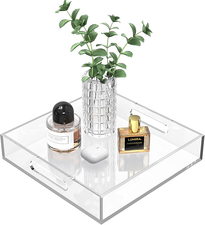 Home Decorative Coffee Table Tray, 10"x10" Elegant Acrylic Serving Trays with Handles Works for Eating, Breakfast, Makeup Drawer Organizer,Bathroom Vanity Table,Ottoman Tray, Clear