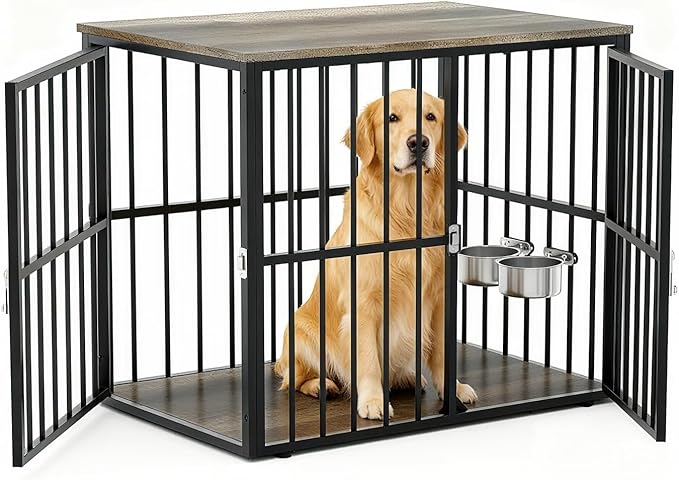 43 Inch Wooden Indoor Dog Crate Side Table, Furniture-Style Dog Kennel with Double Door Entry and Adjustable Built-in Food Bowls, Heavy-Duty Decorative Pet Cage for Medium and Large Dogs