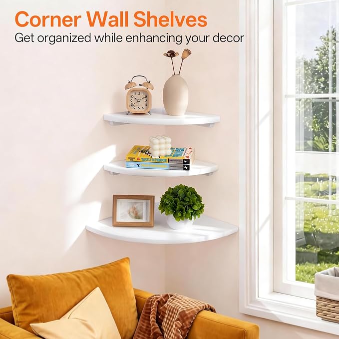 Gieanoo Floating Corner Shelves Set 2 16inch White Solid Oak Rounded Corner