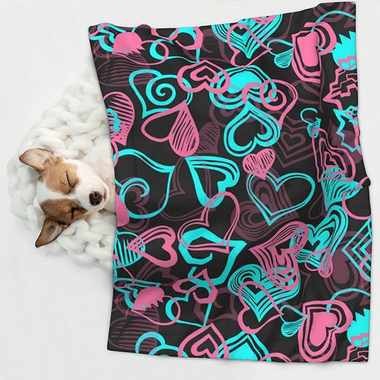 Pet Blanket for Indoor Outdoor Use, Abstract Love Hearts Pattern, Two Sided Reversible Plush Mat with Bumpy Dot Texture for Patios Crates Portable Bed Companion