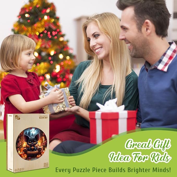 Holiday Wooden Puzzles for Kids - Halloween Black Bat | 50 Piece Puzzles for Kids Ages 4-6 - Kids Puzzle with Unique Animal Shapes - Round Puzzles for Boys and Girls (11.4 * 11.4in)