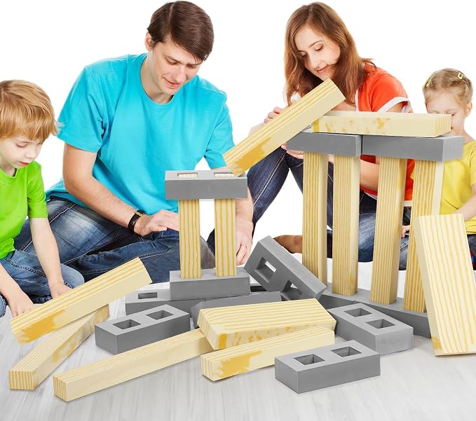Leyndo 24 Pcs Foam Wooden Beam Soft Foam Brick Building Blocks Unit Fake Brick Building Blocks Giant Stacking Sets for Kids Toddler Construction(Assorted Sizes,Gray Color)