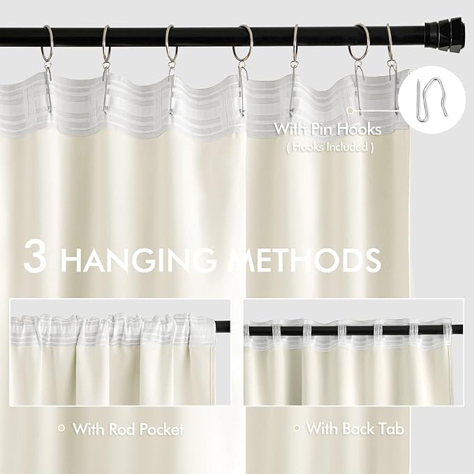 MIULEE Cream Back Tab Blackout Curtains 108 Inch Long 2 Panels Set