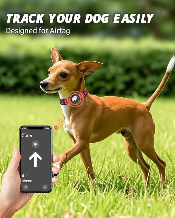 Joytale Airtag Dog Collar, Reflective Pet Collar with Waterproof AirTag Holder, Dual D-Rings, Soft Padded Adjustable for Extra Small and Puppy Dogs, Red, XS