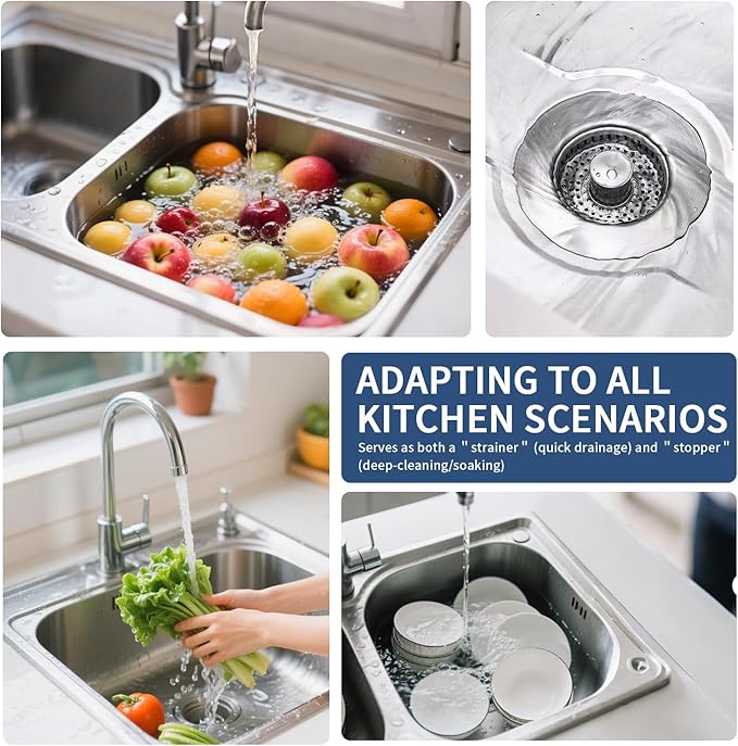 3 in 1 Kitchen Sink Drain Strainer & Pop Up Sink Stopper 2 Pack, Sink Strainer Anti-Clogging Kitchen Sink Basket, Odor-Free Water Catcher, Universal 3-1/2" Fit for US Standard Kitchens