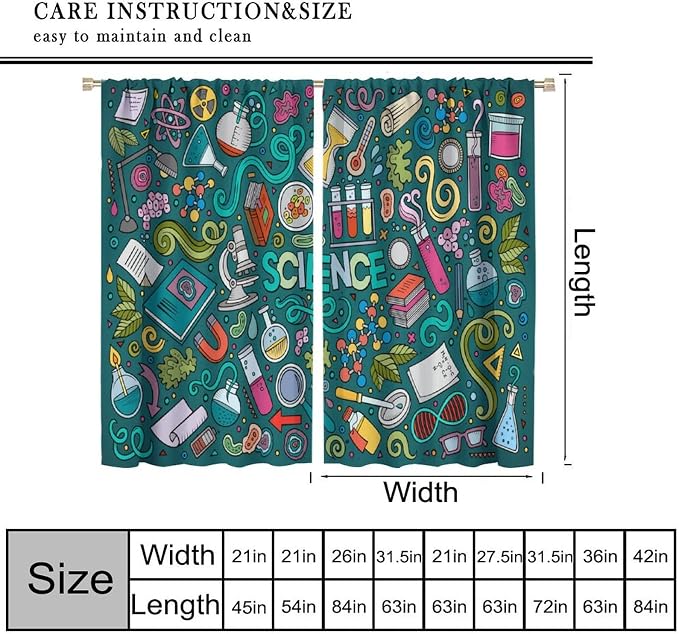 Science Symbols Kids Curtain Sketches Cartoon Chemistry Physics Geometry Education Pattern Print Window Drapes for Bedroom Living Room Kitchen Decor,2 Panel Set,42x63 Inch Blackout