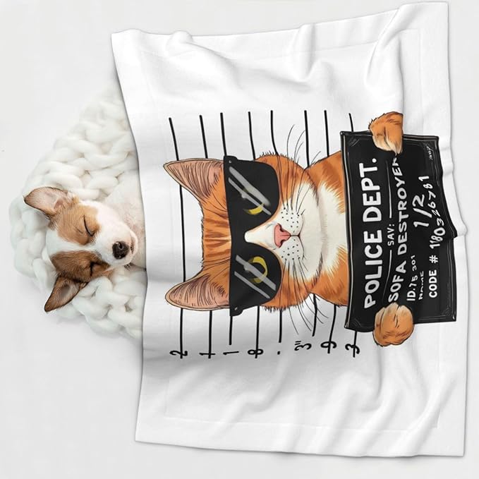 Cat Holding Mugshot Sign Print Soft Plush Pet Blanket, Washable Dog Blanket, Cat Fleece Throw, Puppy Bed Crate Mat & Sofa Couch Protector - Small