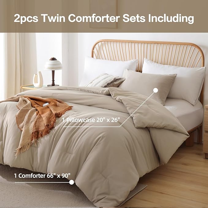 ROSGONIA Twin/Twin XL Comforter for College Girls Boys Light Khaki, 1 Comforter & 1 Pillowcase, Lightweight Twin Bedding Sets Soft Kids Dorm