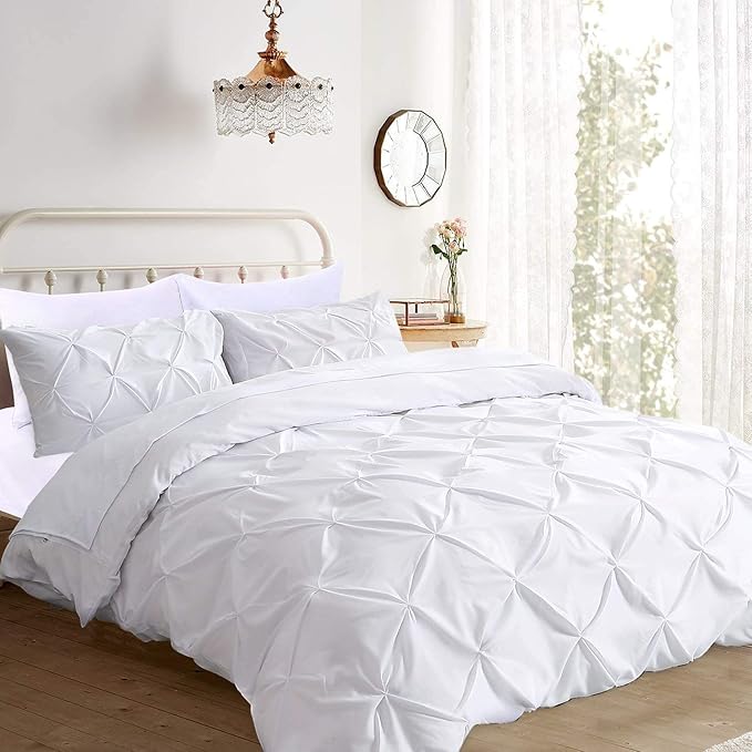 Pinch Pleated Duvet Cover Set 100% Cotton 3PC Queen Size 90x90 Duvet Cover Set, Decorative Pinch Design White Duvet Cover with Matching Pillow Case
