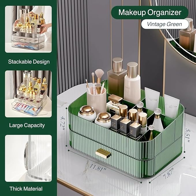 Makeup Organizer for Vanity, Large Desk Organizer with Stackable Drawer for Cosmetics, Skincare, Lipsticks, Eyeshadow Palette, Nail Care, Ideal Storage for Dresser and Bathroom Countertop-Green