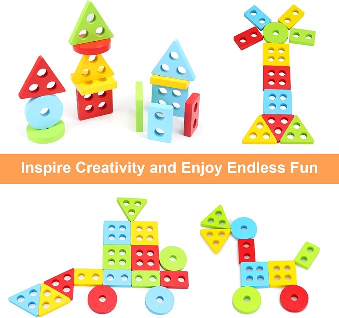 WOOD CITY Wooden Montessori Sorting & Stacking Toys for Toddlers 1 2 3 Year Old, Educational Shape Color Recognition Puzzle Stacker, Development & Learning Toys Boys Girls