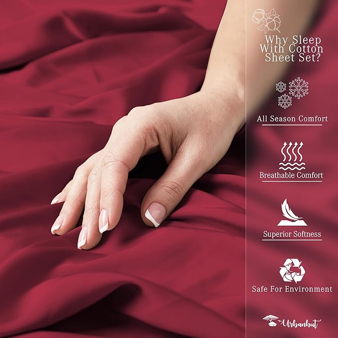 URBANHUT 1000 Thread Count King Bed Sheets Egyptian Cotton Sheet Set, Long Staple Soft & Breathable, 4 Pc Bed Sheet Sets, Luxury Hotel Sateen Sheets Fits 16" Deep Pocket - Burgundy