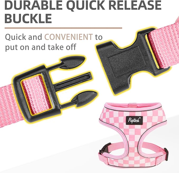 PUPTECK Soft Mesh Dog Harness and Leash Set Pet Puppy Cat Comfort Padded Vest No Pull Harnesses, Checkered Pink&White, S