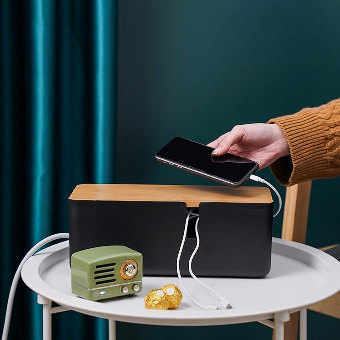 Changsuo Cable Management Box with Bamboo Lid Small Cable Organizer Box for Extension Cord Power Stripe Surge Protector Wire Management Concealer Organizer Cover Hider (Black)