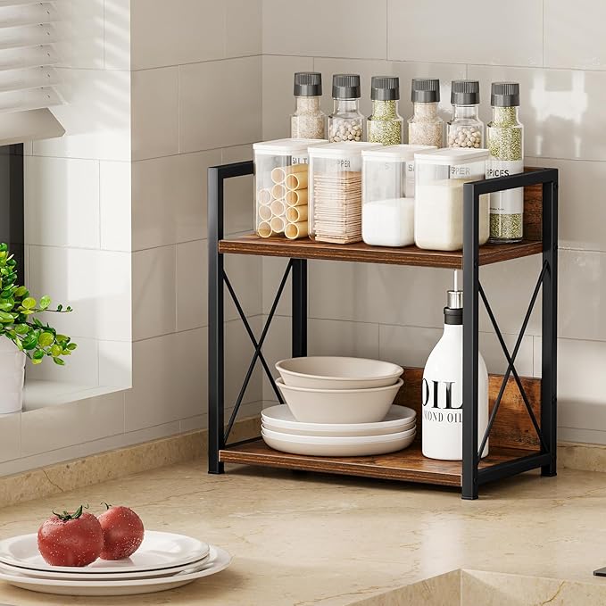 Giikin Kitchen Countertop Organizer, 2 Tier Spice Rack Organizer for Pantry, Kitchen Counter Shelf Wood Coffee Station Organizer (Brown, M)