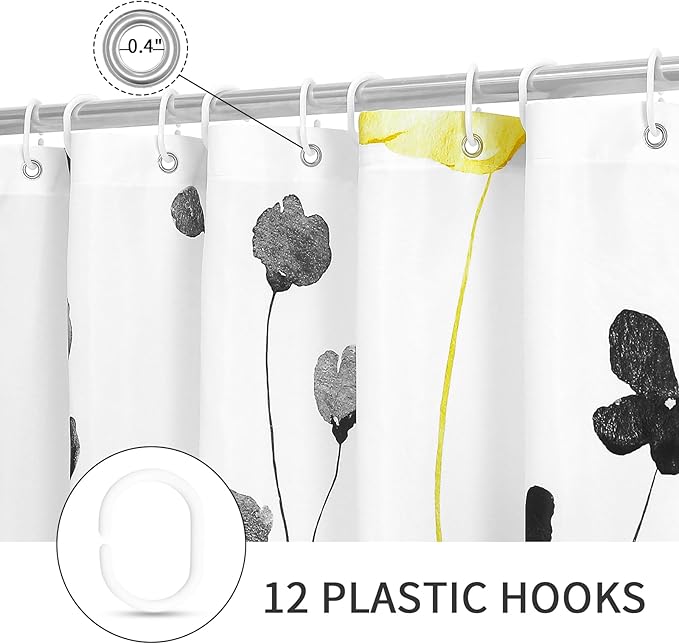 Gibelle Extra Long Shower Curtain 72 x 84, Watercolor Floral Fabric Shower Curtain, Yellow Grey Flower Decorative Bathroom Shower Curtain Set with Hooks