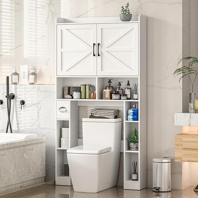 Over The Toilet Storage Cabinet, Farmhouse Toilet Cabinet Rack with Barn Doors, Space Saving Bathroom Organizer with Shelves, Toilet Paper Holder and Towel Rack for Bathroom,Restroom,Laundry（White）