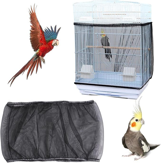 Bird Cage Seed Catcher - Adjustable Netting Cover Guard Skirt for Parrot Parakeet Macaw Round Square Cages - Black