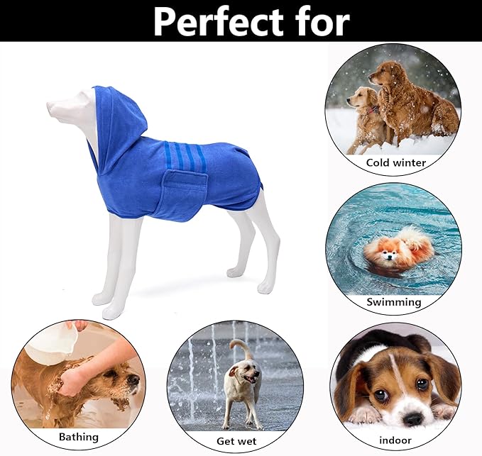 Geyecete Dog Drying Coats with Hood - Absorbent Robe Dry Fast Dog Towel - Microfibre Fast Drying Super Absorbent - Blue - S