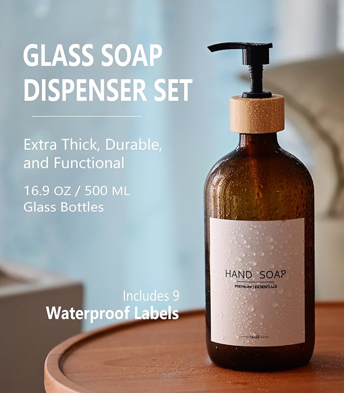 Luxury Glass Soap Dispenser Set - 2 Refillable 16.9oz Bottles, Bamboo Pump & Tray for Farmhouse & Modern Decor, 9 Waterproof Labels for Kitchen/Bathroom (Amber Bottle+Black Bamboo Pumps+Tray)
