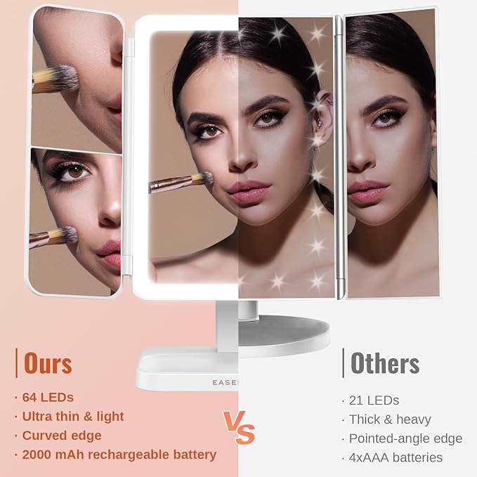 EASEHOLD Lighted Makeup Mirror with 3X Magnification, 3 Color Lights & Touch Sensor - Rechargeable Trifold Vanity Mirror for Travel, Desk, Home Use