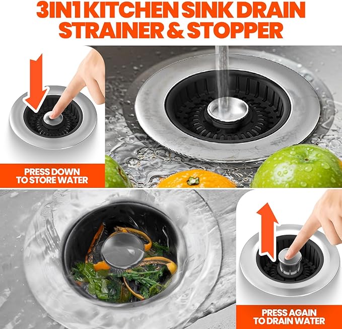 3 in 1 Kitchen Sink Drain Strainer & Sink Stopper Upgraded Stainless Steel Drain Plug with Anti-Clog Basket Drain Stopper Combo, Pop Up Sink Stopper for Standard 3-1/2''